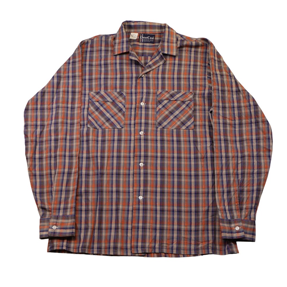 DeeCee Mens M Button Down Shirt Blue Orange Plaid Metallic Stripe Vintage USA